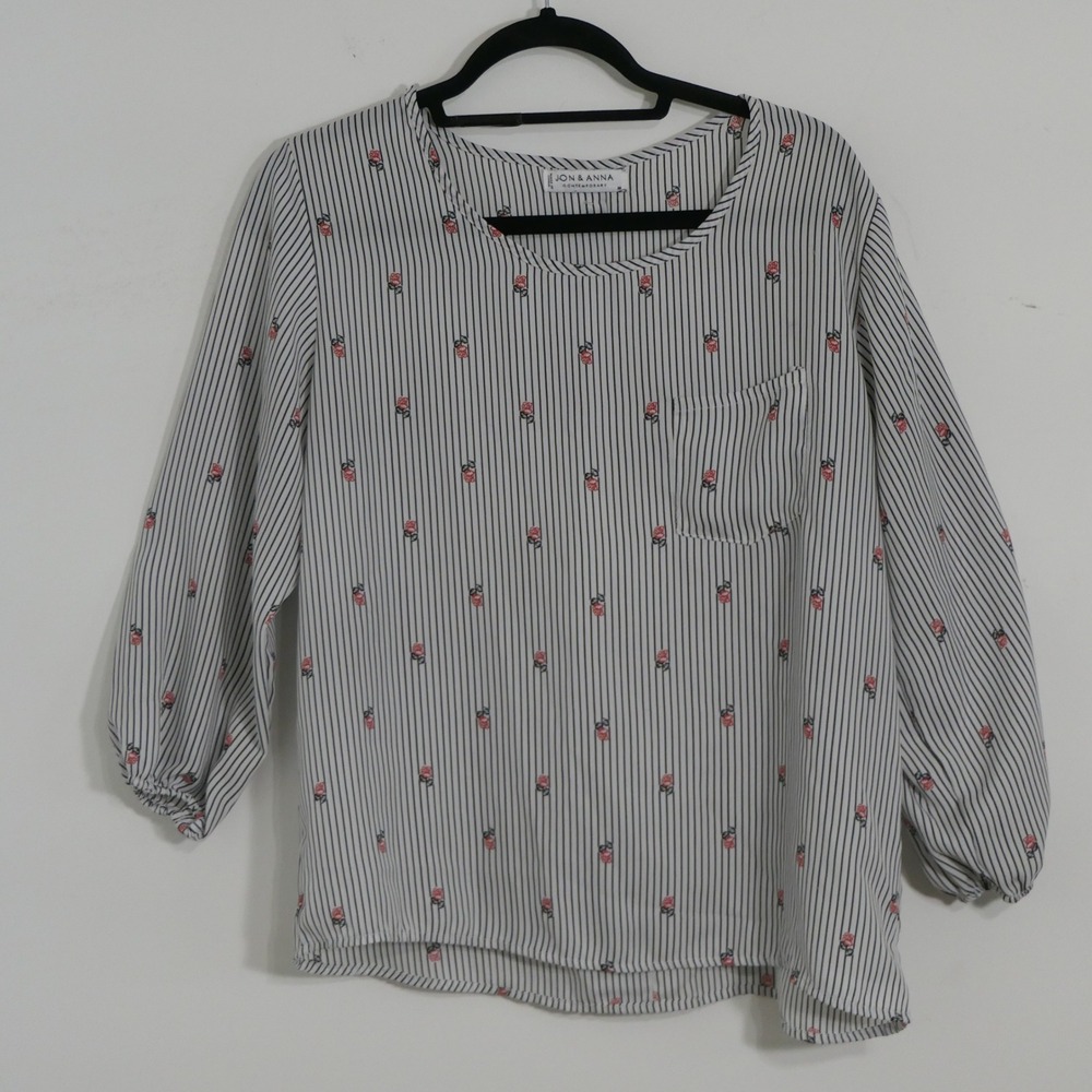Jon & Anna Women Blouse M‎ White Black Striped Rose Floral Coquette Cottagecore